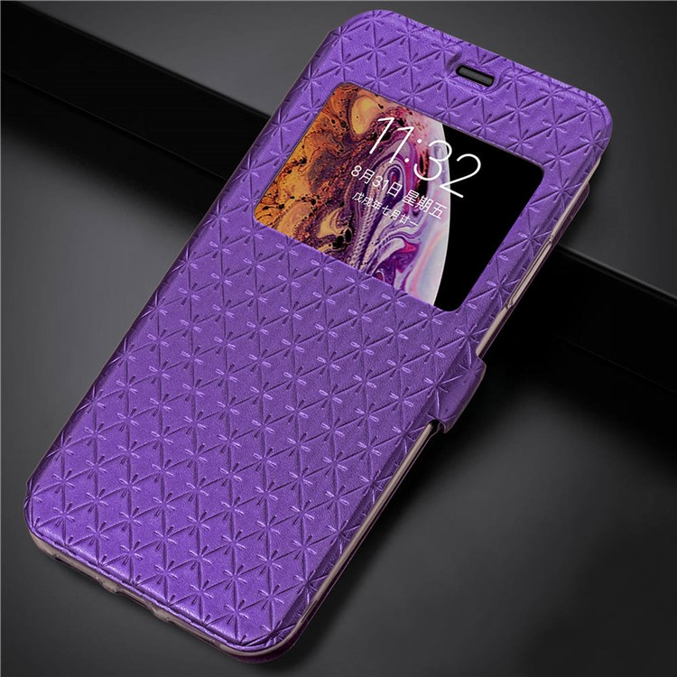 

Ромбовидный Вид Окна Подставка Кожаный Чехол Для Iphone XS / X - Пурпурный, iPhone Xs