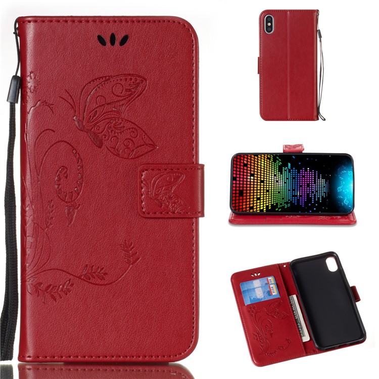 

Imprint Butterfly Flower Pattern Crazy Horse Leather Wallet Case Cover for iPhone XS 5.8 inch - Red, iPhone Xs