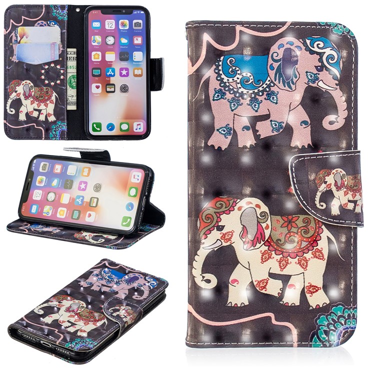 

Patterned Light Spot Decor Leather Flip Cover for iPhone XS / X 5.8 inch - Elephant, iPhone Xs