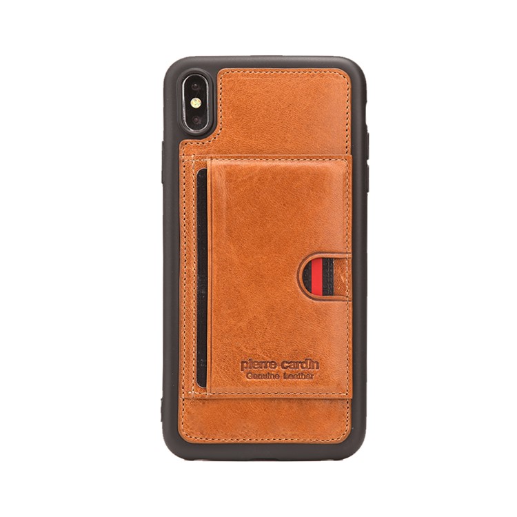 PIERRE CARDIN for iPhone XS Max 6.5 inch Genuine Leather Coated TPU Case with [Card Slot Kickstand] - Brown-1