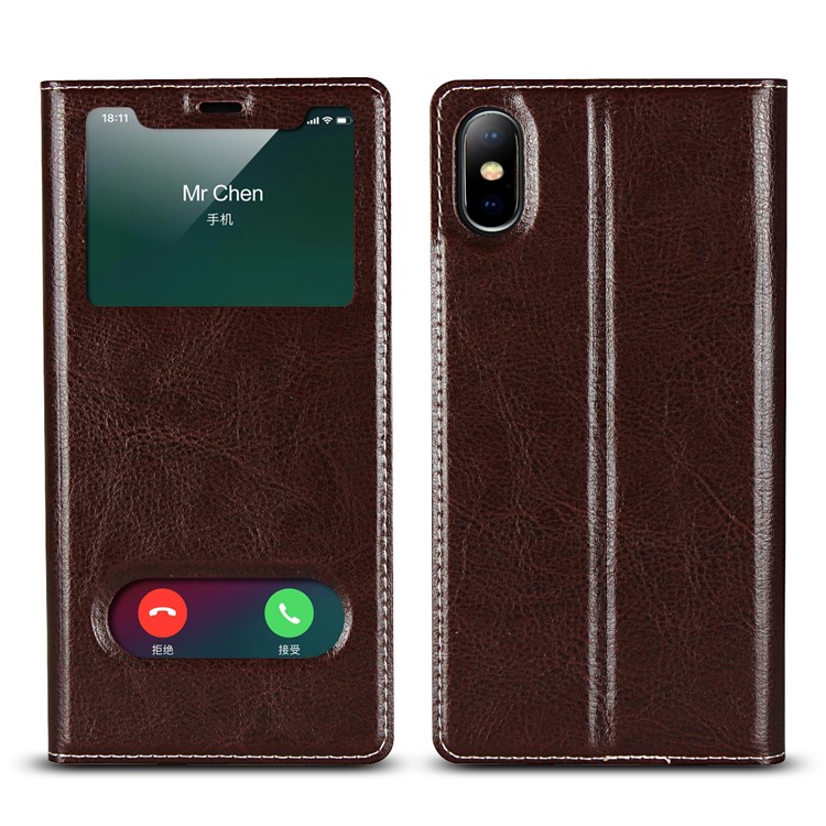 

Двойной Вид Окна Натуральной Кожи Оболочка Для Телефона С Подставкой Для Iphone XS Max 6.5 Inch - Кофе, iPhone XS Max