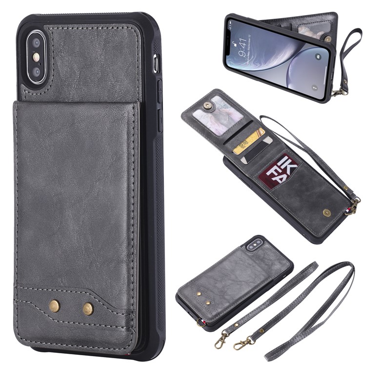 

PU Leather Coated TPU Case Cover with Card Slots and Kickstand for iPhone XS Max 6.5 inch - Grey, iPhone XS Max