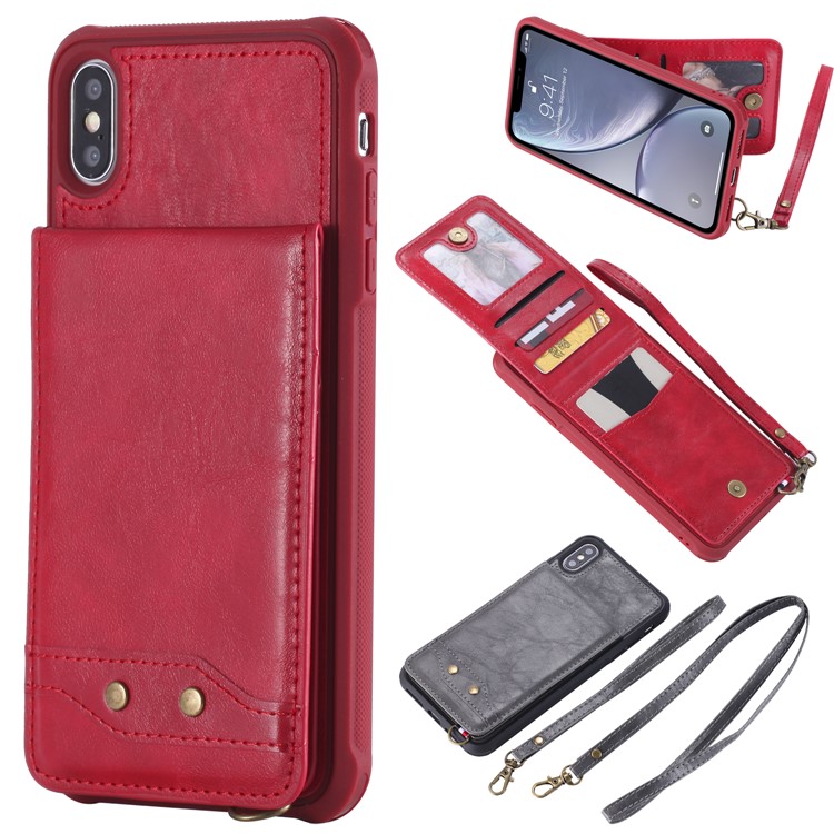 

PU Кожаный Чехол Корпуса TPU С Гнездами Для Карт И Подставкой Для Iphone XS Max 6.5 Inch - Красный, iPhone XS Max