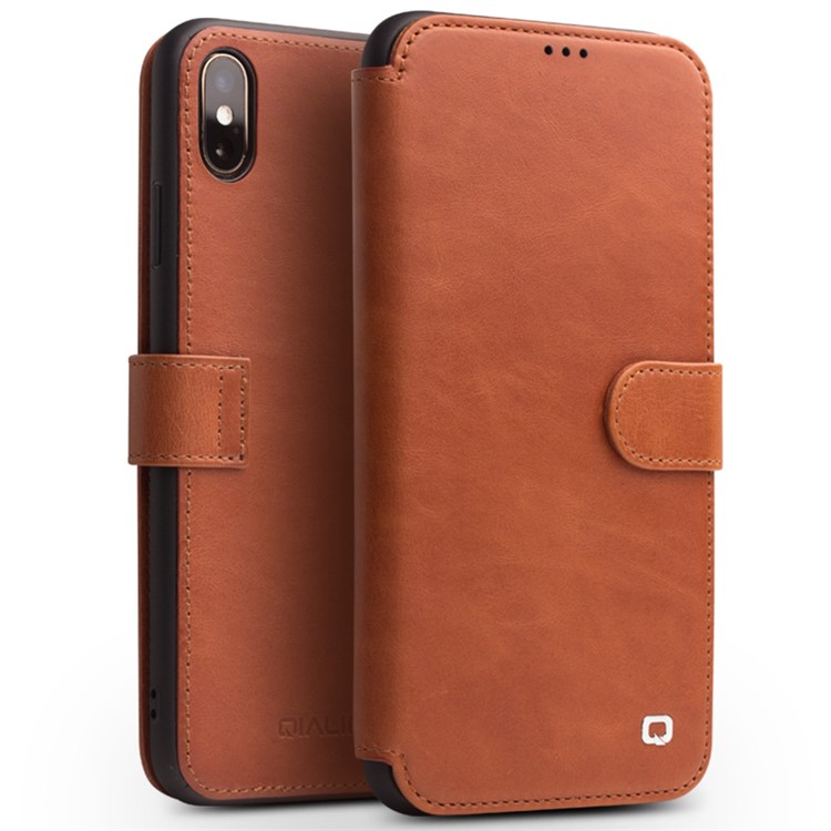 Qialino верхний слой коровьей кожи кожаный флип-чехол для iphone xs max 6.5 inch - коричневый
