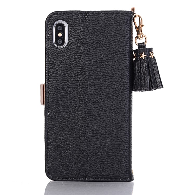 Litchi Skin Star Smile Face Pattern PU Leather Stand Wallet Casing for iPhone X/XS 5.8 - Black-3