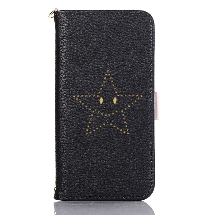 Litchi Skin Star Smile Face Pattern PU Leather Stand Wallet Casing for iPhone X/XS 5.8 - Black-4