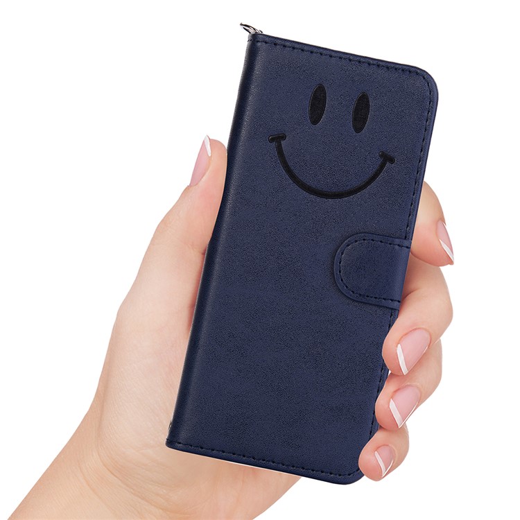 Imprinted Smile Face Pattern PU Leather Stand Wallet Case for iPhone XS Max 6.5 inch - Blue-7