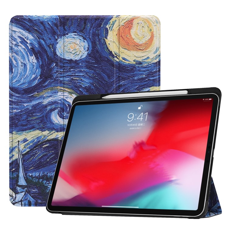 Модель печати кожаный чехол с трехстрочной стойкой для ipad pro 11-inch (2018) - живопись маслом