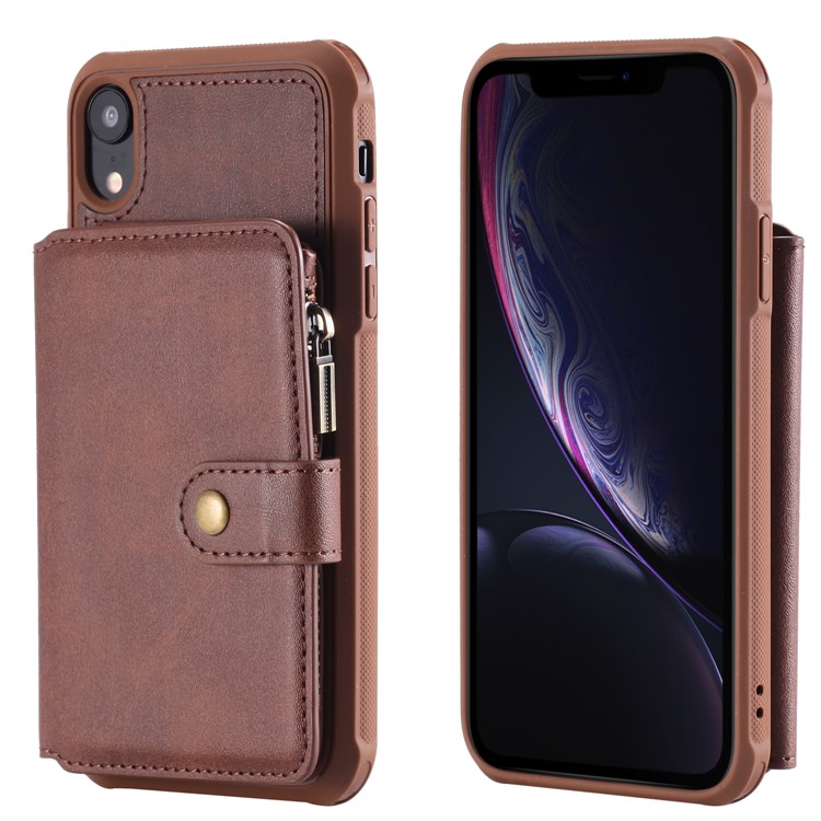 

Multi-functional Zipper Wallet Leather Coated TPU Accessory Shell for iPhone XR 6.1 inch - Coffee, iPhone XR