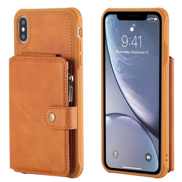 

Multi-functional Zipper Wallet Leather Coated TPU Mobile Shell for iPhone XS Max 6.5 inch - Brown, iPhone XS Max