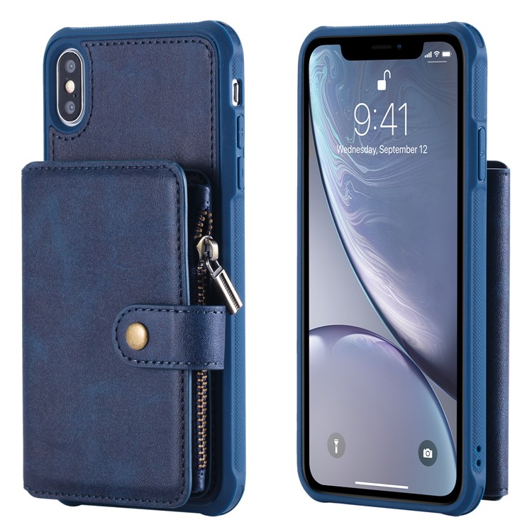 

Multi-functional Zipper Wallet Leather Coated TPU Casing for iPhone XS Max 6.5 inch - Blue, iPhone XS Max
