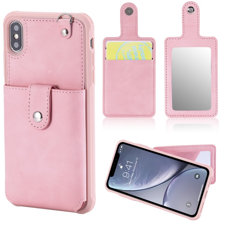 

PU Кожаное Покрытие ТПУ Карты Слот Зеркало Покрытие Для Iphone XS Макс 6.5 Дюймов - Розовый, iPhone XS Max