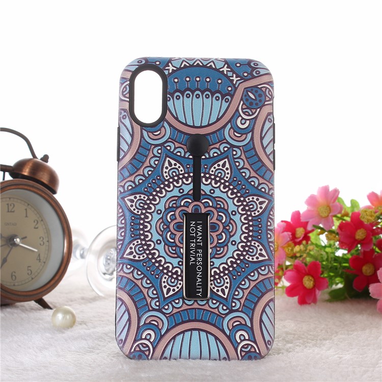 

Embossment Ethnic Style Pattern TPU + Plastic Hybrid Back Shell with Kickstand for iPhone XS Max 6.5 inch - Blue and Purple Flower, iPhone XS Max