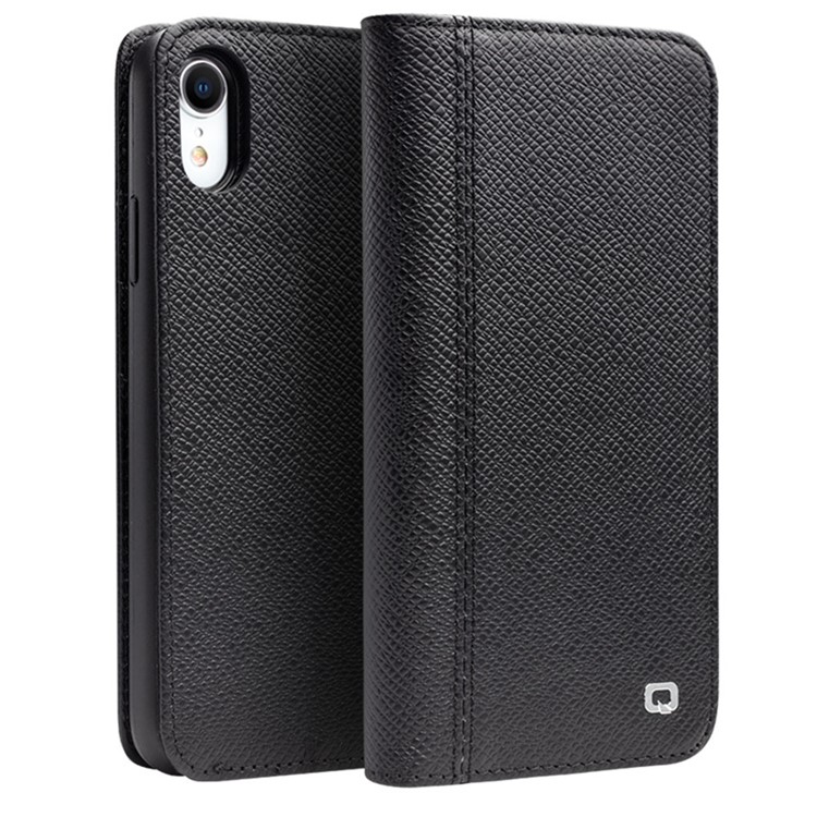 QIALINO Cross Texture Detachable 2-in-1 Smart Wake/Sleep Genuine Leather Stand Case for iPhone XR 6.1 inch - Black