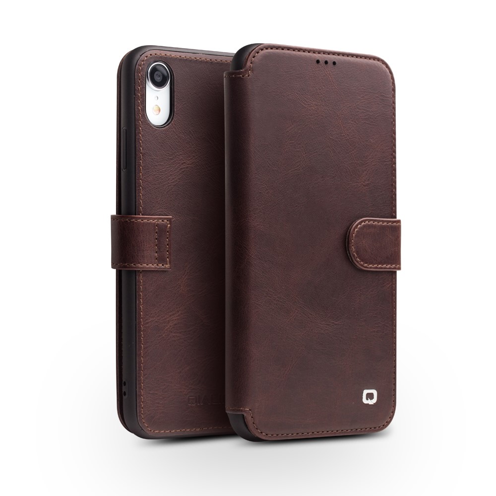 QIALINO Top Layer Cowhide Leather Magnetic Flip Phone Cover for iPhone XR 6.1 inch - Coffee