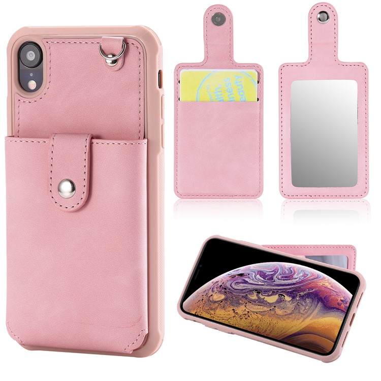 

PU Кожаное Покрытие ТПУ Карты Слот Подставка Зеркало Случае Для Iphone XR 6,1 Дюйма - Розовый, iPhone XR