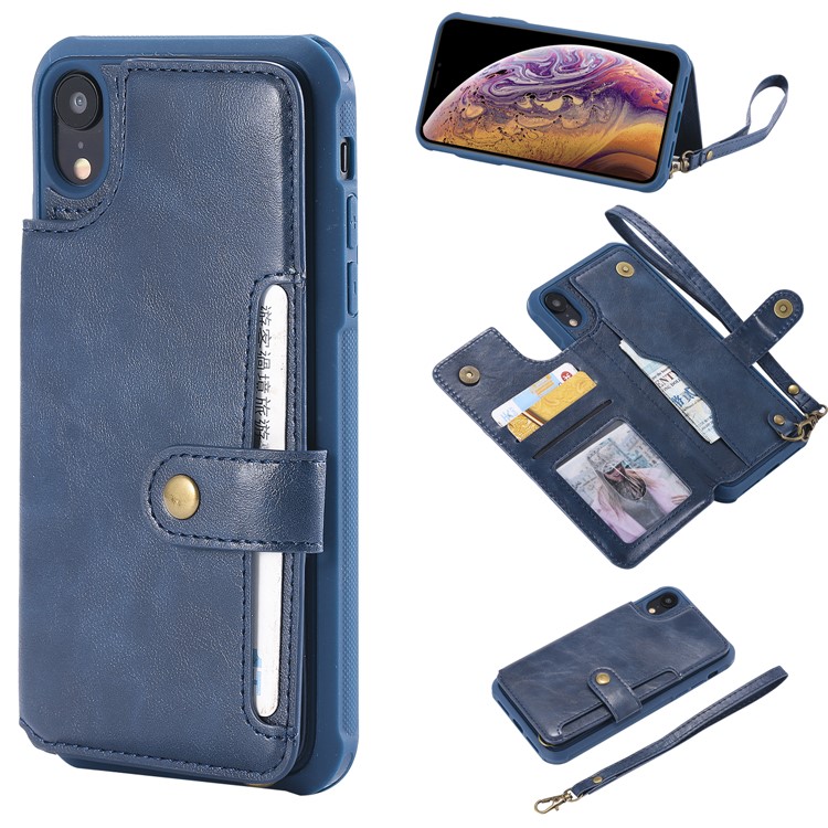 

PU Leather Coated TPU Case Wallet Kickstand Case for iPhone XR 6.1 inch - Blue, iPhone XR