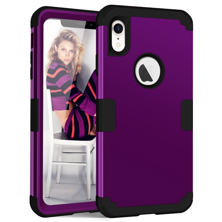 

For iPhone XR 6.1 inch 3-in-1 PC Silicone Hybrid Drop-proof Phone Casing - Dark Purple, iPhone XR