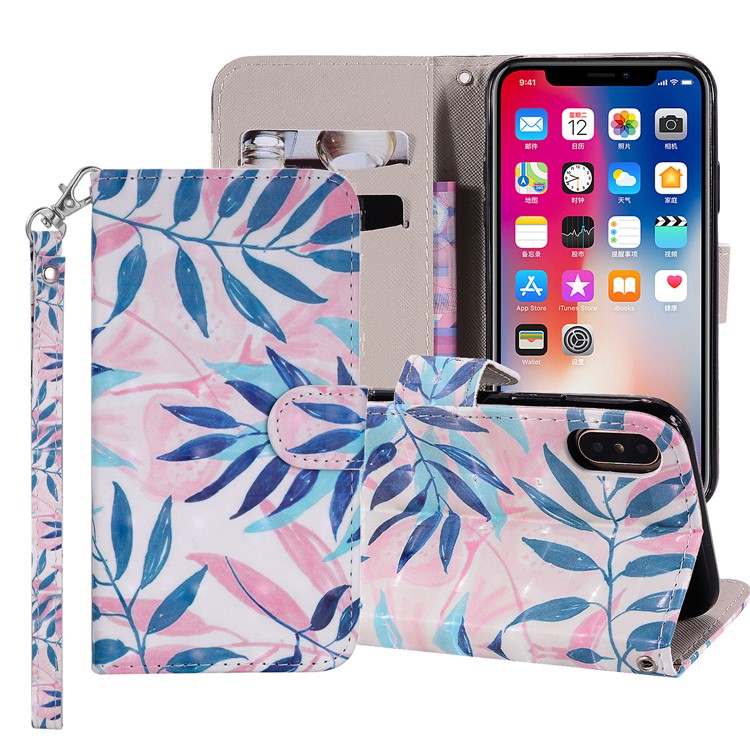 

Pattern Printing PU Leather Mobile Shell with [Wallet Stand] for iPhone XS/X - Blue Leaves, iPhone XS 5.8 inch