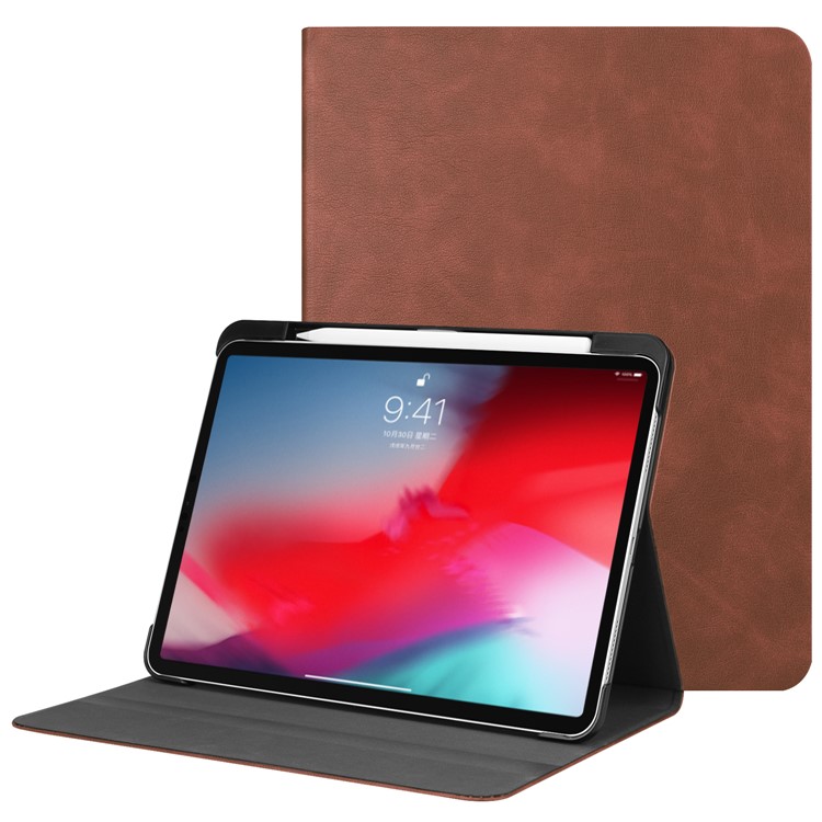 PU Leather Smart Stand Case with Pen Slot for iPad Pro 11-inch (2018) - Brown-1