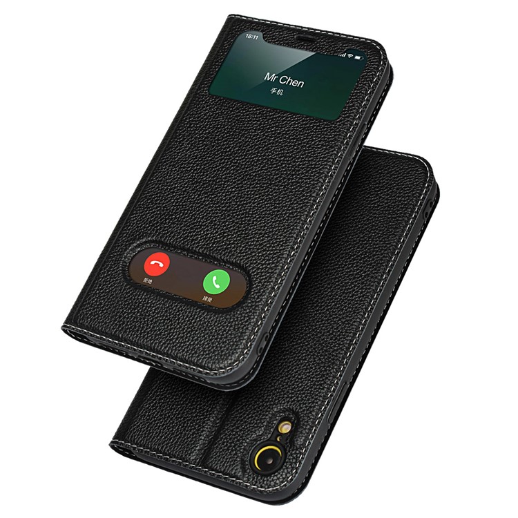 

[двойной Вид Из Окна] Личи Кожа Из Натуральной Кожи Откидная Крышка Для Iphone XR 6,1 Дюйма - Черный, iPhone XR 6.1 inch