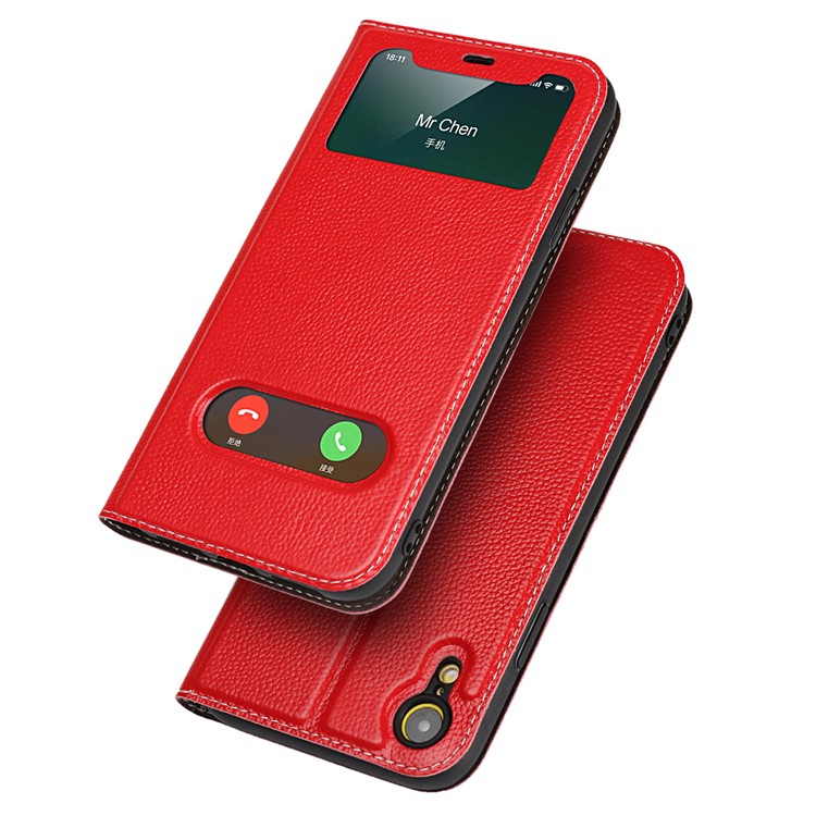 

[двойной Вид Из Окна] Кожа Личи Откидная Крышка Из Натуральной Кожи Для Iphone XR 6,1 Дюйма - Красный, iPhone XR 6.1 inch