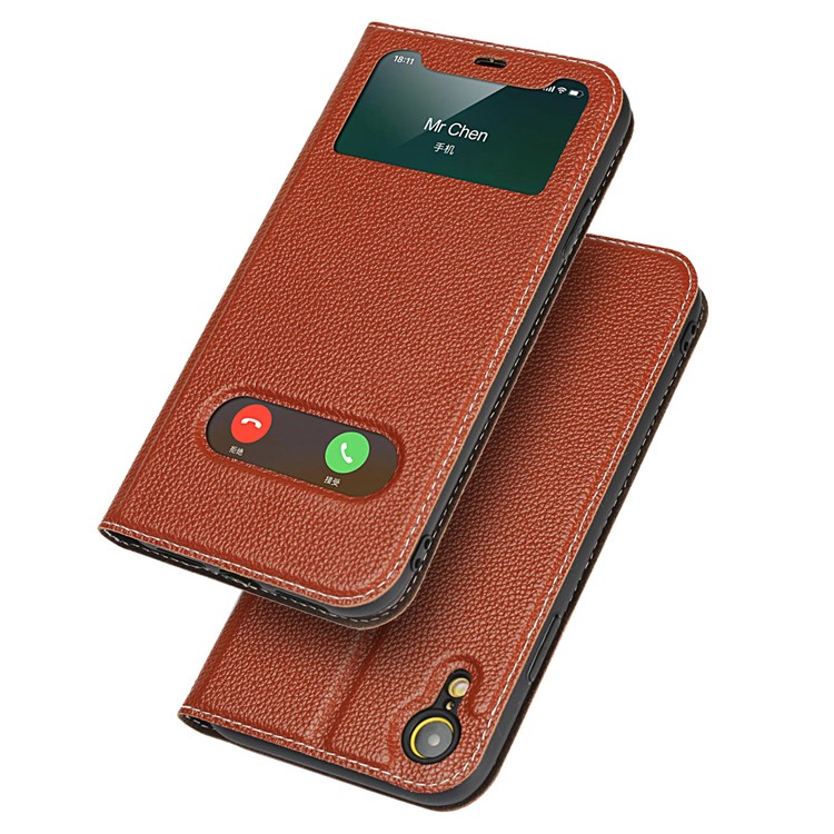 

[двойной Вид Из Окна] Личи Кожа Из Натуральной Кожи Мобильный Корпус Для Iphone XR 6,1 Дюйма - Коричневый, iPhone XR 6.1 inch