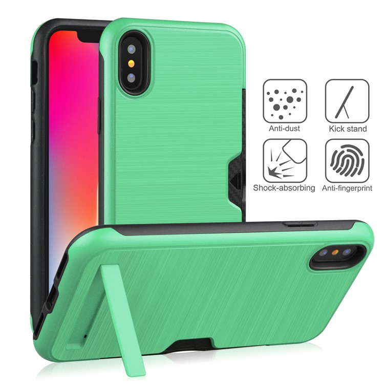 Plástico Cepillado + Cubierta Del Teléfono Del Portatarjetas Del Kickstand De TPU Para El Iphone XS / X - Verde-1