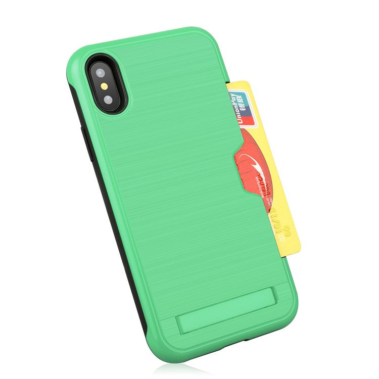 Plástico Cepillado + Cubierta Del Teléfono Del Portatarjetas Del Kickstand De TPU Para El Iphone XS / X - Verde-2