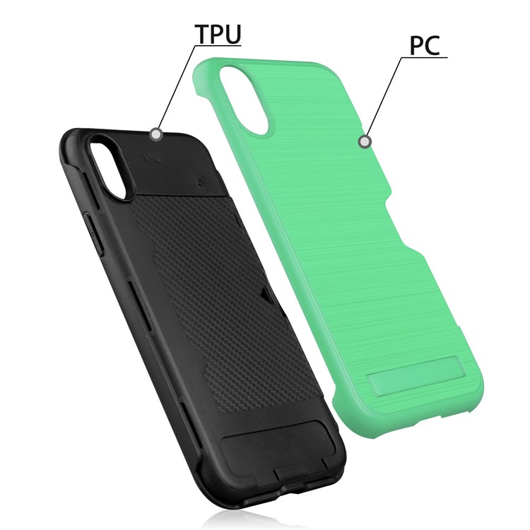 Plástico Cepillado + Cubierta Del Teléfono Del Portatarjetas Del Kickstand De TPU Para El Iphone XS / X - Verde-5