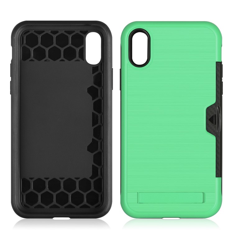 Plástico Cepillado + Cubierta Del Teléfono Del Portatarjetas Del Kickstand De TPU Para El Iphone XS / X - Verde-7