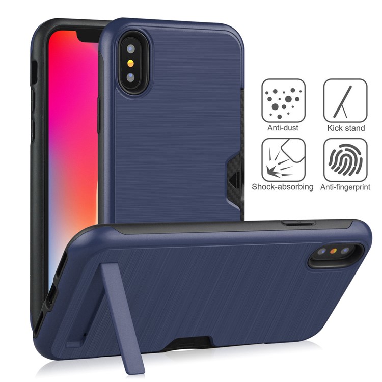 Cubierta Móvil Del Portatarjetas Cepillado Del Plástico + TPU Kickstand Para El Iphone XS Máximo 6.5 Pulgadas - Azul Oscuro-1