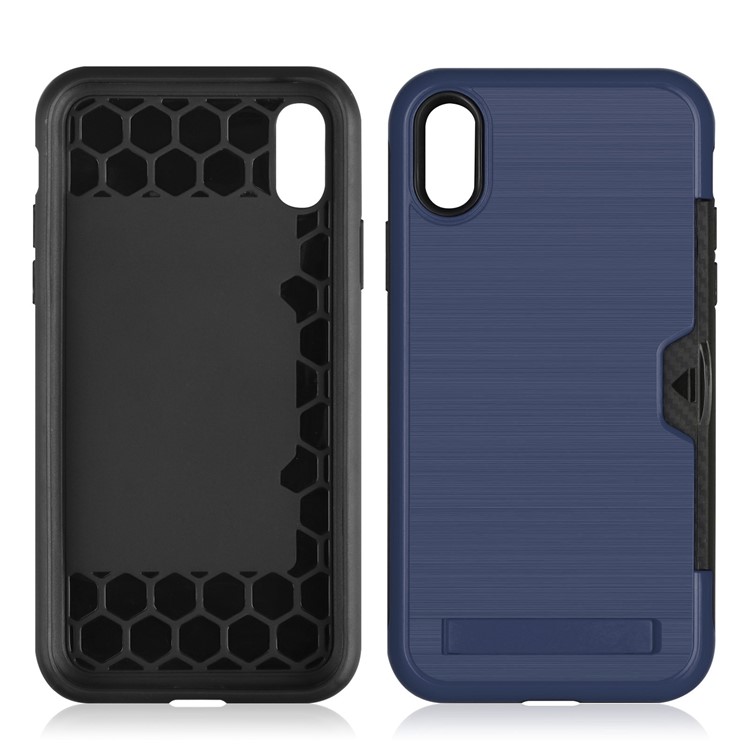 Cubierta Móvil Del Portatarjetas Cepillado Del Plástico + TPU Kickstand Para El Iphone XS Máximo 6.5 Pulgadas - Azul Oscuro-11