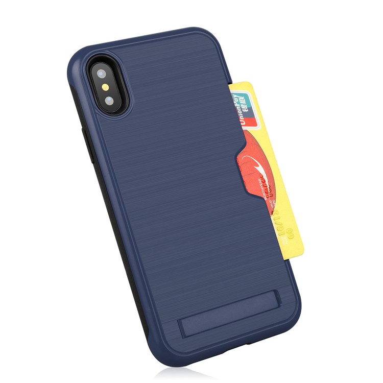 Cubierta Móvil Del Portatarjetas Cepillado Del Plástico + TPU Kickstand Para El Iphone XS Máximo 6.5 Pulgadas - Azul Oscuro-2