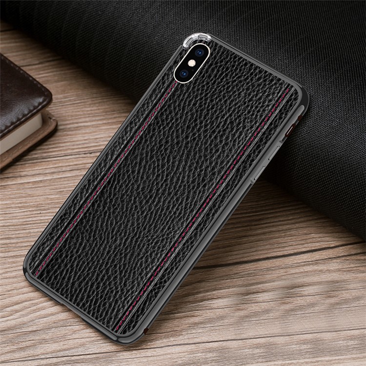 

For iPhone XS 5.8 inch Stitching Litchi Skin Cowhide Leather Back Film + Metal Frame Hybrid Mobile Shell - All Black