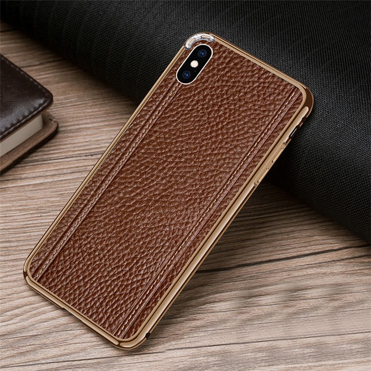 

Для Iphone XS 5.8 Дюймов Шить Личи Кожа Воловья Кожа Обратно Пленка + Металлический Каркас Гибридный Мобильный Чехол - Кофе / Золото