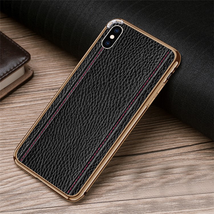 

For iPhone XS 5.8 inch Stitching Litchi Skin Cowhide Leather Back Film + Metal Frame Hybrid Mobile Cover - Black / Gold