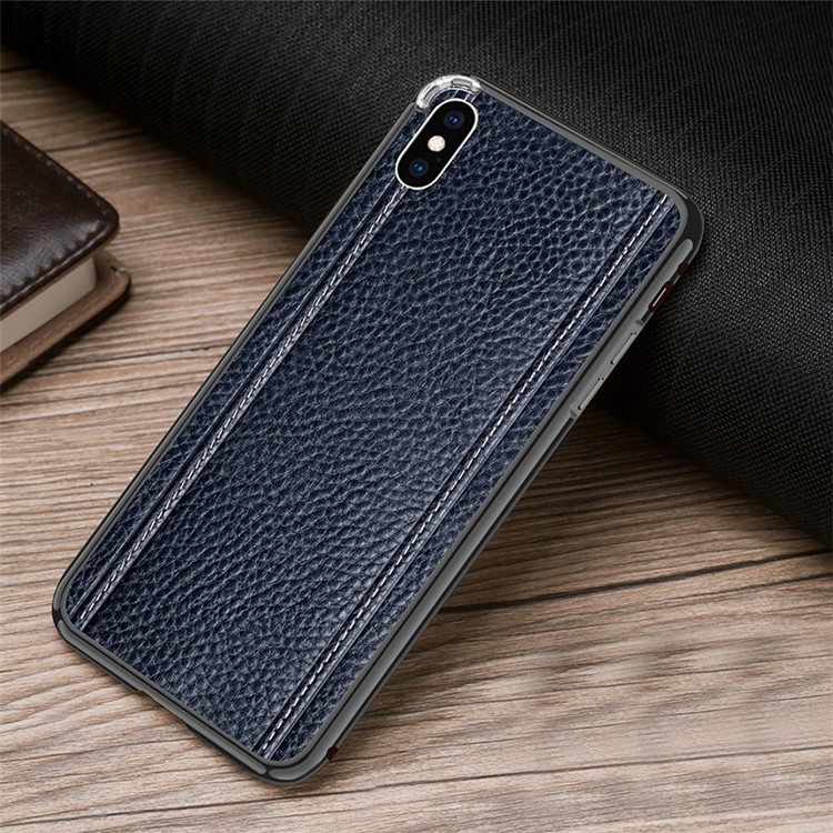Для iphone xs 5.8 дюймов шить личи коровья кожа обратно фильм + металлический каркас гибридный сотовый телефон - синий / черный