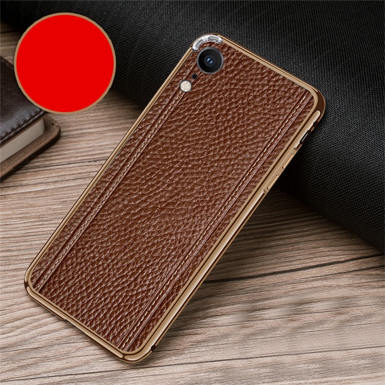 

For iPhone XR 6.1 inch Stitching Litchi Skin Cowhide Leather Back Film + Metal Frame Hybrid Phone Shell - Coffee / Gold