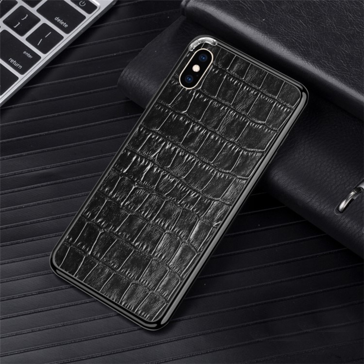 

Crocodile Texture Cowhide Leather Film + Metal Frame Hybrid Case for iPhone XS 5.8 inch - All Black
