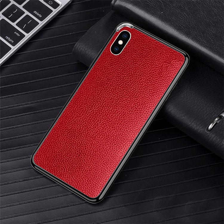 

For iPhone XS Max 6.5 inch Litchi Skin Cowhide Leather Back Film + Metal Frame Combo Shell - Red / Black, iPhone XS Max