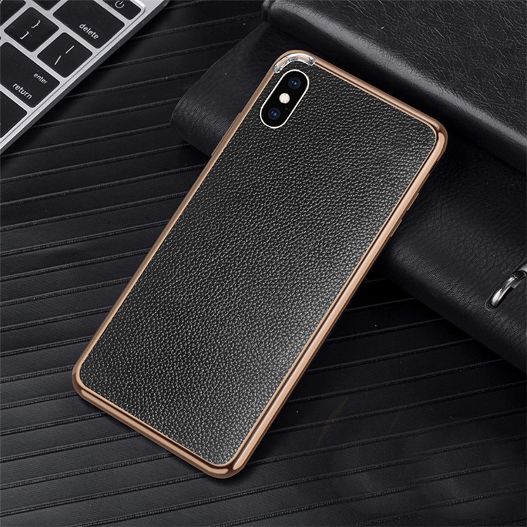 

For iPhone XS Max 6.5 inch Litchi Skin Cowhide Leather Back Film + Metal Frame Combo Phone Casing - Black / Gold, iPhone XS Max