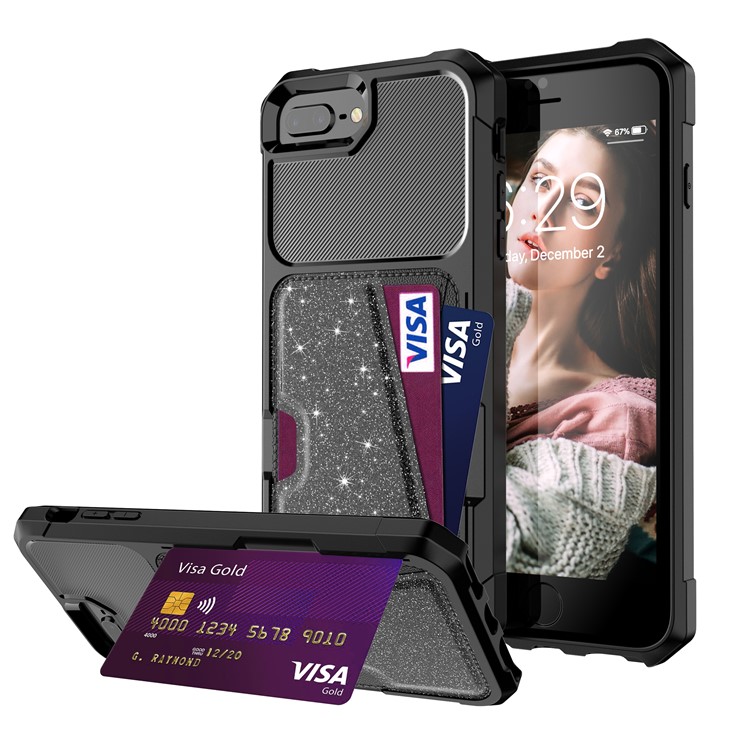 

Крышка Телефона TPU Порошка Блеска С Держателем Карточки Для Iphone 8 Plus / 7 Плюс / 6 С Плюсом / 6 Плюс 5,5 Дюйма - Черный, iPhone 8 Plus