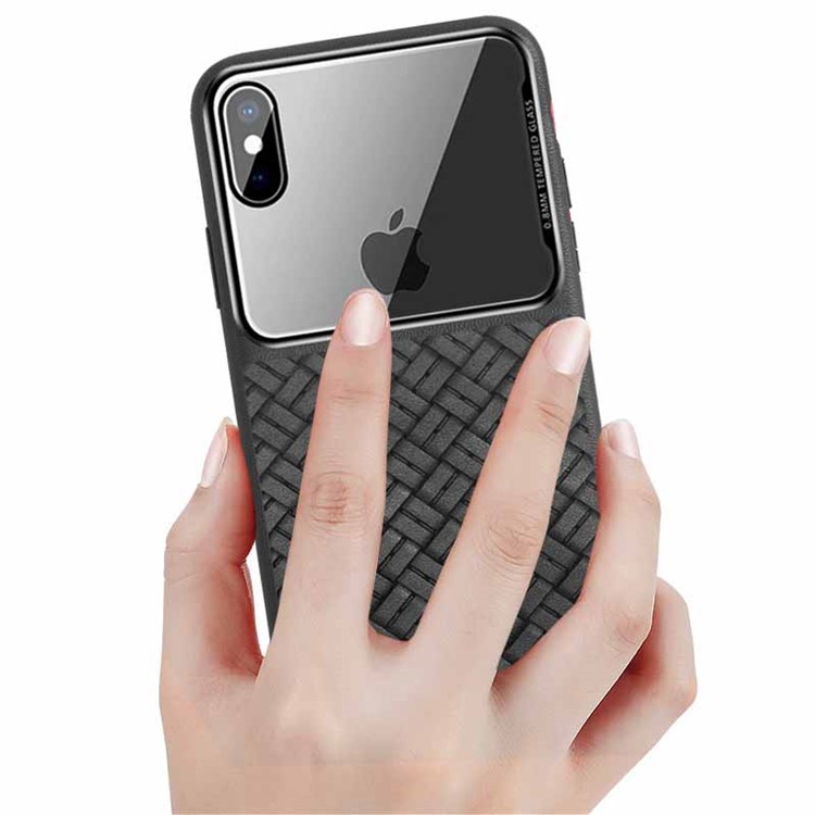 NXE Tempered Glass + Woven Texture TPU Hybrid Cover for iPhone XS Max 6.5 inch - Black-4