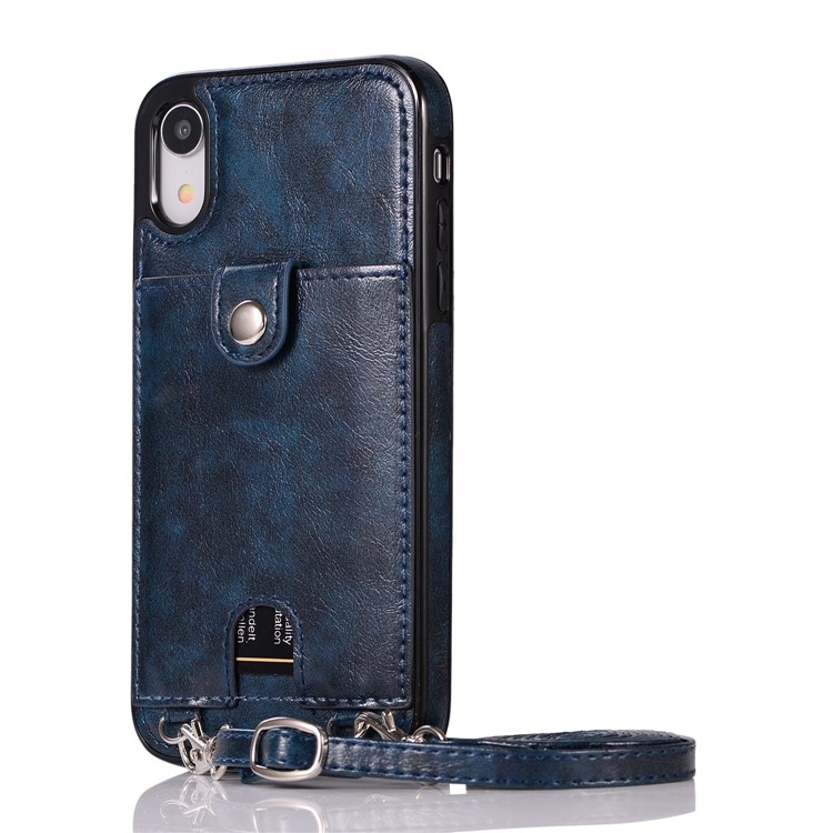 

Crazy Horse PU Leather Coated TPU Card Holder Phone Case with Long Strap for iPhone XR 6.1 inch - Blue, iPhone XR