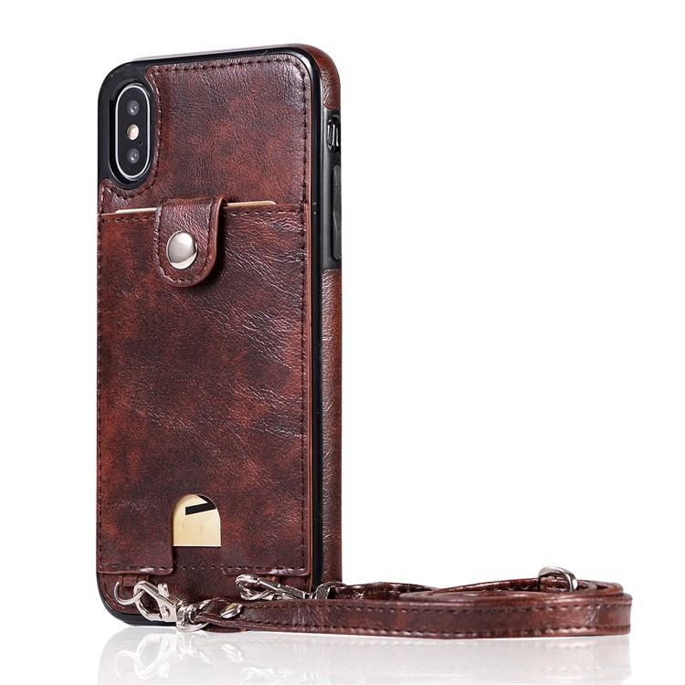

Crazy Horse Leather Coated TPU Card Holder Case Shell with Long Strap for iPhone XS Max 6.5 inch - Brown, iPhone XS Max