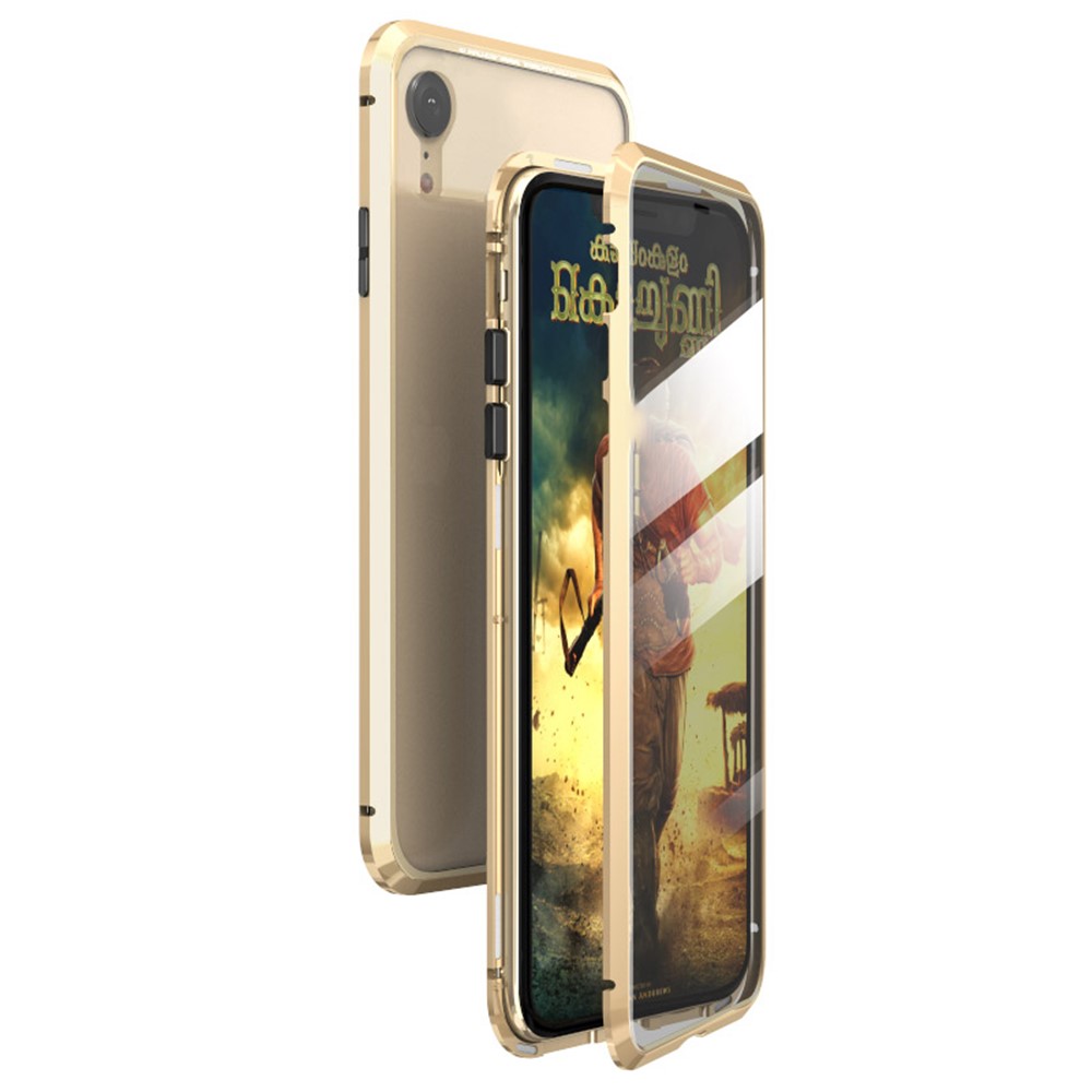 Magnetic Adsorption Metal Frame + Transparent Tempered Glass Full Protection All-Wrapped Case for iPhone XR 6.1 inch - Gold