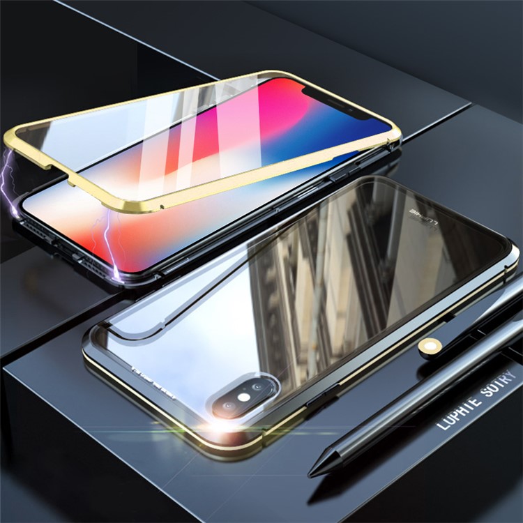 360 Degree Protection Magnetic Adsorption Glass Mobile Phone Case for iPhone XS / X 5.8 inch - Gold / Black-1
