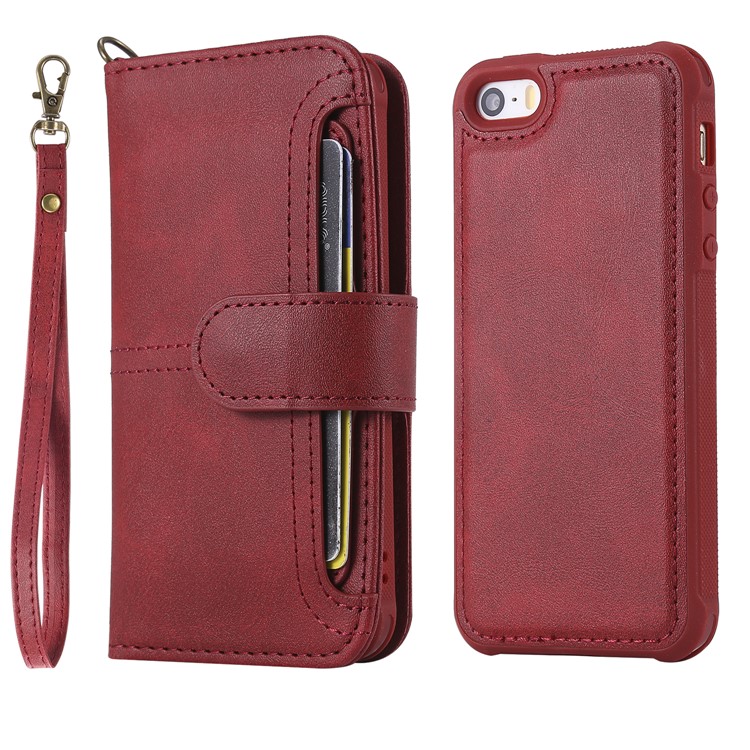 

For iPhone SE / 5S / 5 Magnetic Detachable 2-in-1 Stand Leather Phone Cover with Wallet - Red, iPhone 5s