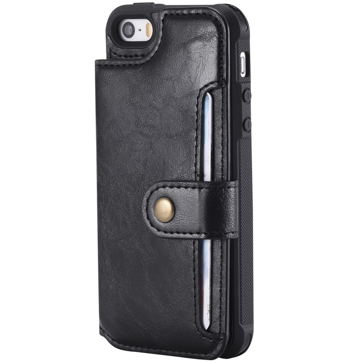 For iPhone SE/5s/5 PU Leather Coated TPU Case Wallet Kickstand Cover - Black-3